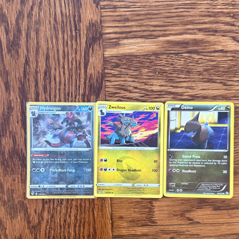 Trading Card Set - Blue, Yellow, Gray Cards (Hydreigon, Zweilous, Deino)